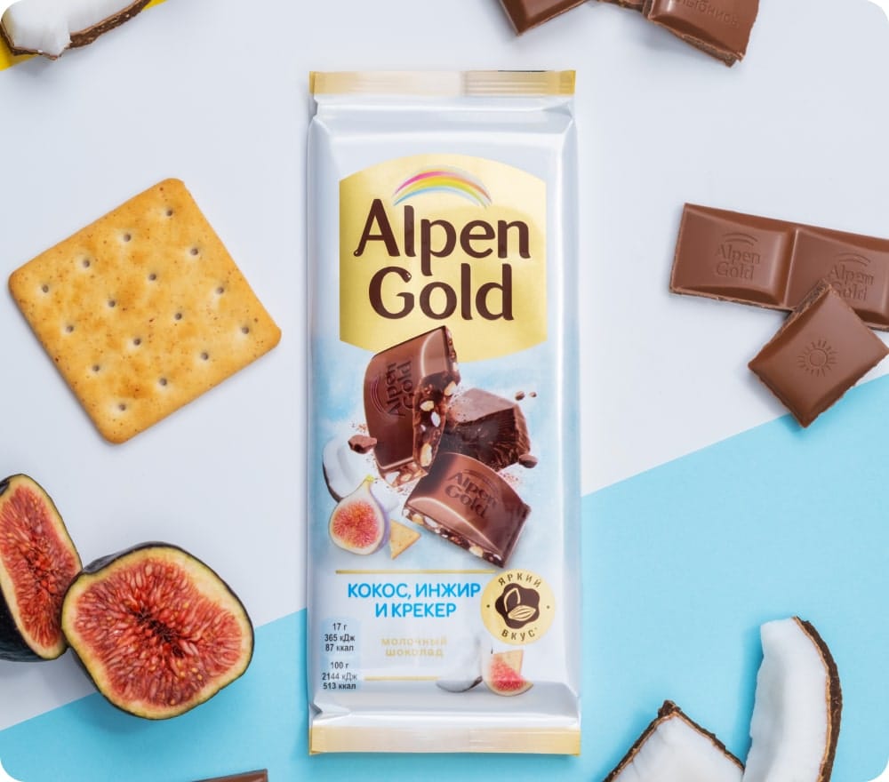 Шоколад молочный ALPEN GOLD с кокосом, инжиром и крекером, 85г — изображение 3