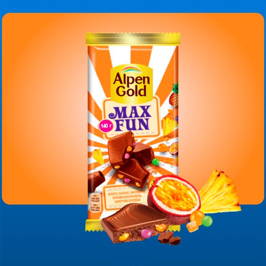 Шоколад молочный ALPEN GOLD Max Fun со вкусом манго/ананаса/маракуйи, 140г — изображение 2