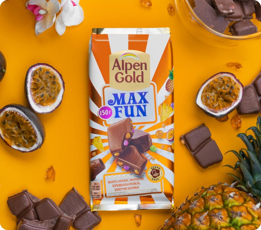 Шоколад молочный ALPEN GOLD Max Fun со вкусом манго/ананаса/маракуйи, 140г — изображение 3